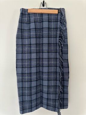 Woolrich Blue Plaid Fringe Wrap Midi Skirt